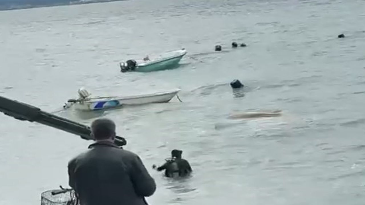 Lodosun batırdığı tekneler vinçle denizden çıkarılıyor