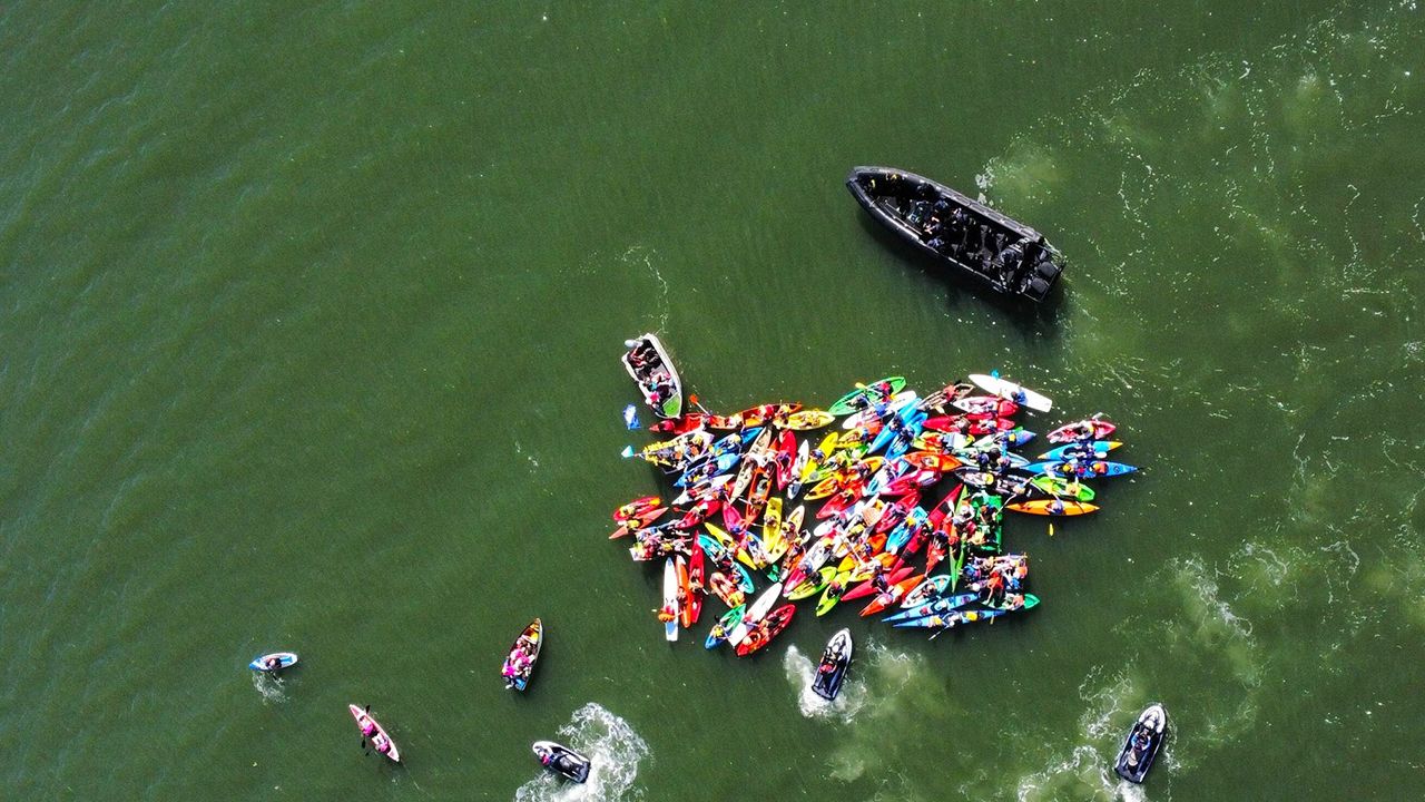 Yüzlerce aktivist kanolarla limanı kapattı