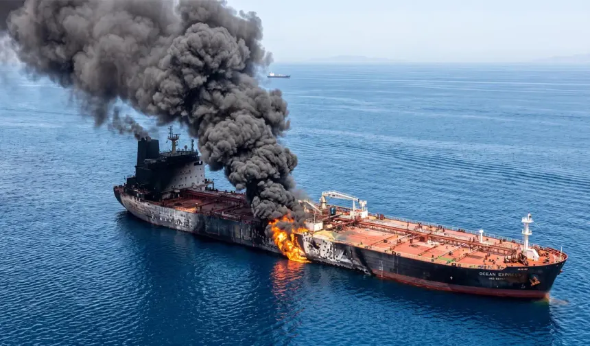 Hürmüz Boğazı’nda süpertanker mayına çarptı, alev aldı