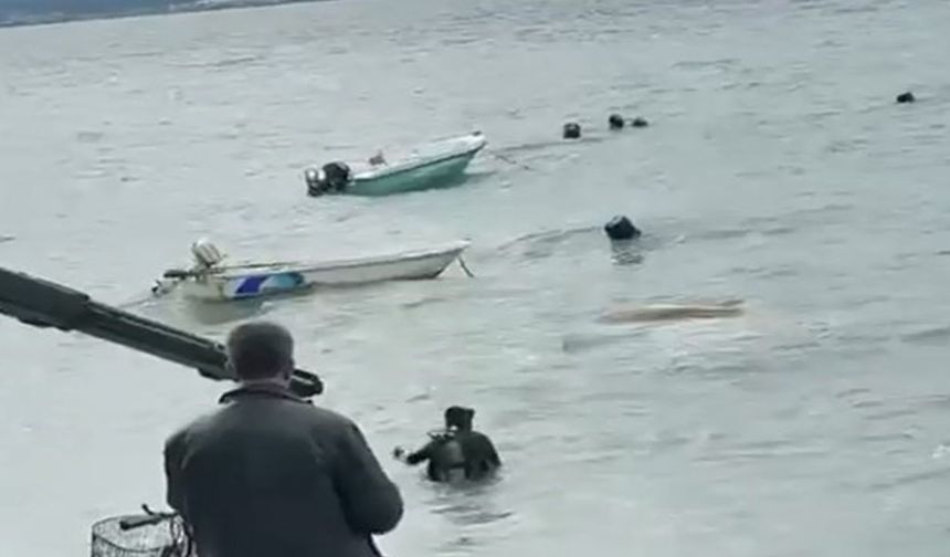 Lodosun batırdığı tekneler vinçle denizden çıkarılıyor